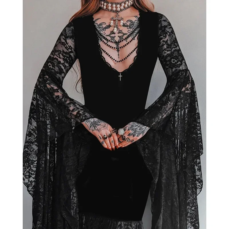 Goth Floral Lace Mesh Flared Sleeve Bodycon Party Dress