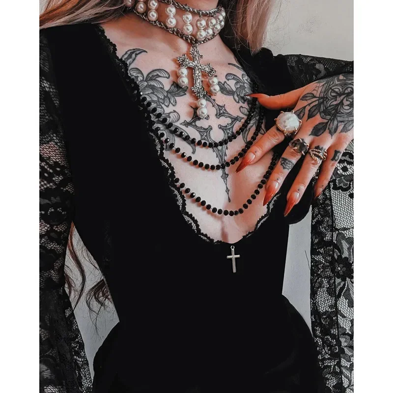 Goth Floral Lace Mesh Flared Sleeve Bodycon Party Dress