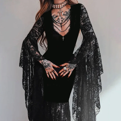 Goth Floral Lace Mesh Flared Sleeve Bodycon Party Dress