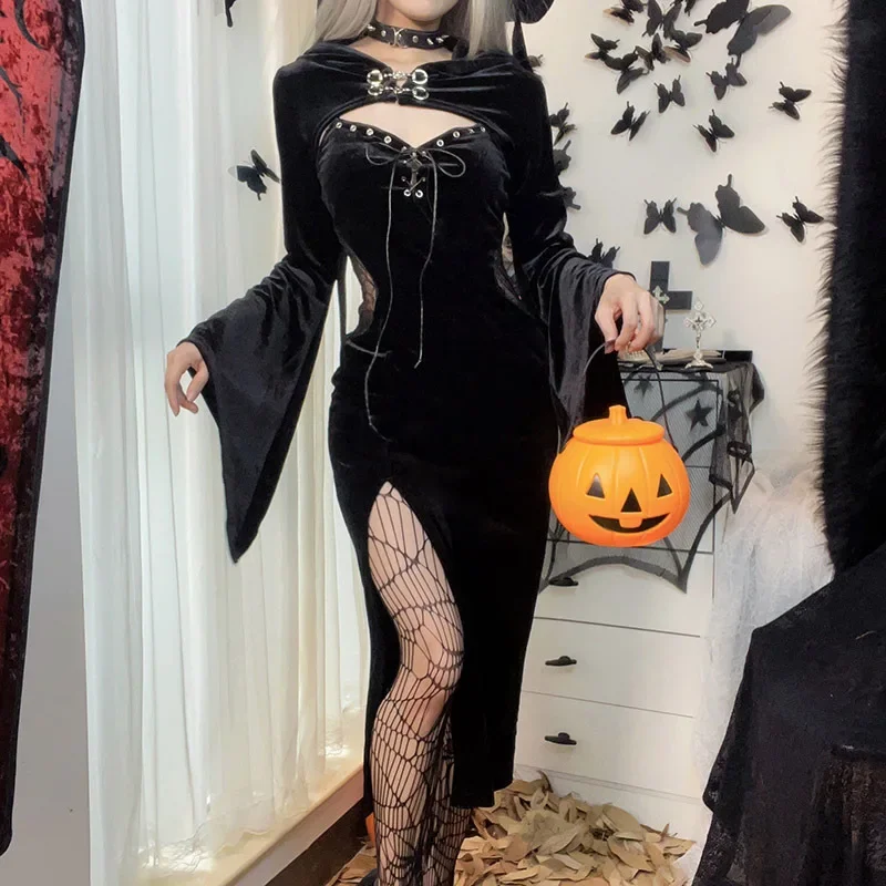 Gothic  Long Sleeve High Waist Black Dress