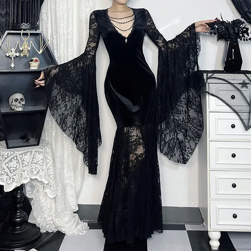 Goth Floral Lace Mesh Flared Sleeve Bodycon Party Dress