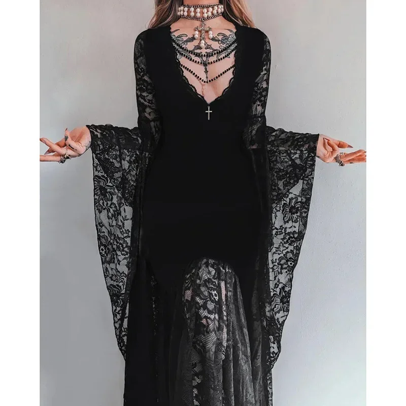 Goth Floral Lace Mesh Flared Sleeve Bodycon Party Dress