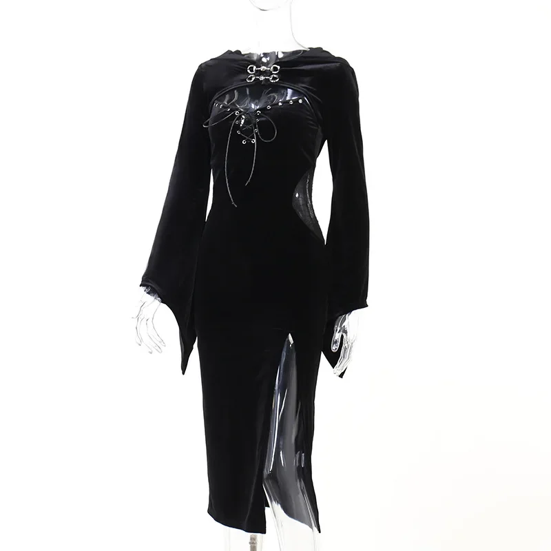 Gothic  Long Sleeve High Waist Black Dress