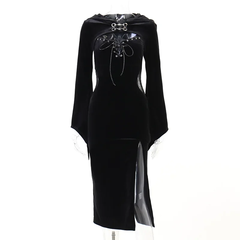 Gothic  Long Sleeve High Waist Black Dress