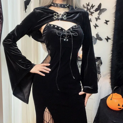 Gothic  Long Sleeve High Waist Black Dress