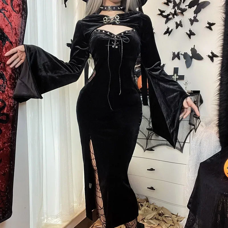 Gothic  Long Sleeve High Waist Black Dress