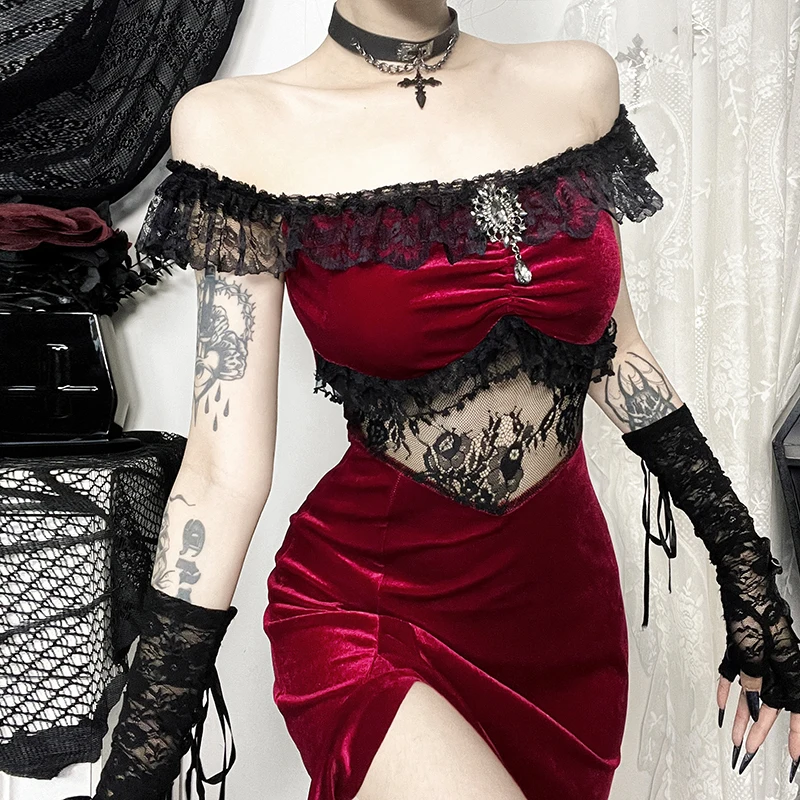 Victorian Gothic Velvet Irregular Slit Dress