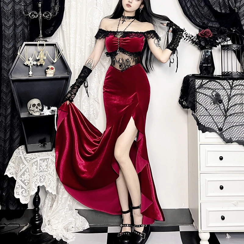 Victorian Gothic Velvet Irregular Slit Dress