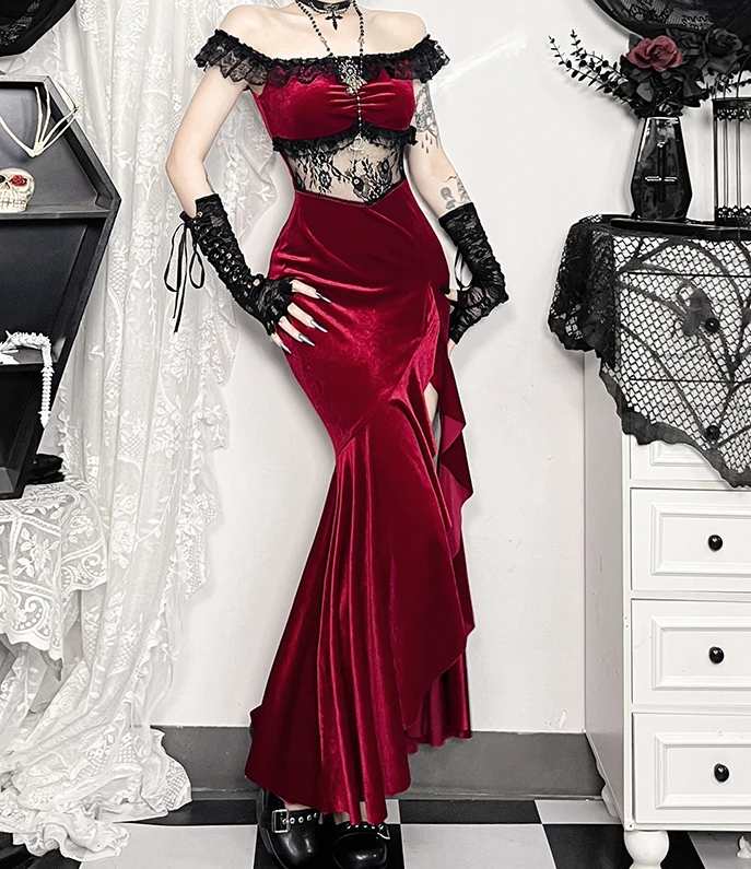 Victorian Gothic Velvet Irregular Slit Dress