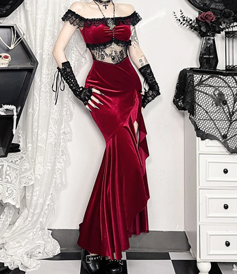 Victorian Gothic Velvet Irregular Slit Dress