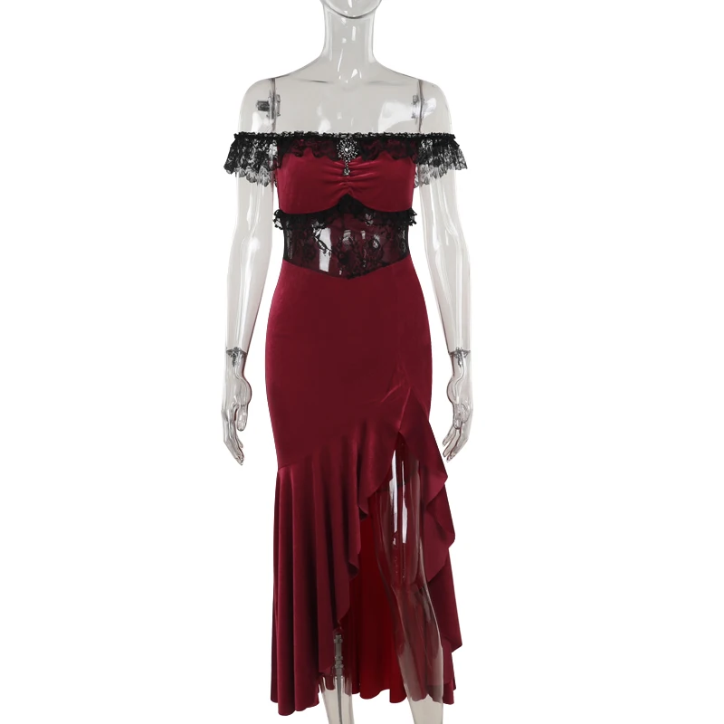 Victorian Gothic Velvet Irregular Slit Dress