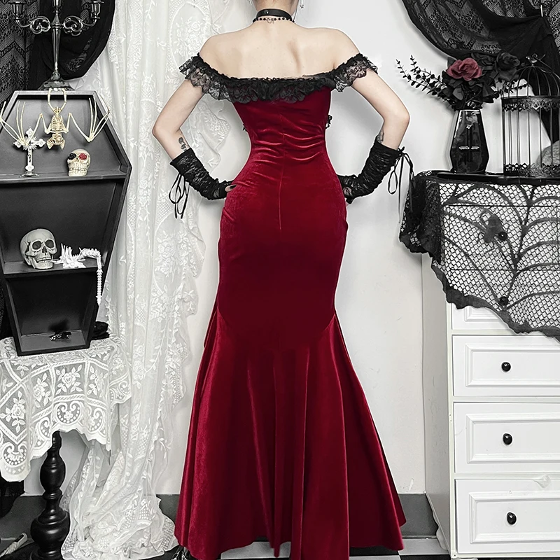 Victorian Gothic Velvet Irregular Slit Dress