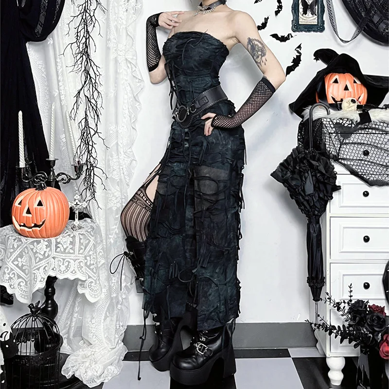 Gothic Dark Grunge Sexy Strapless High Waist Dress