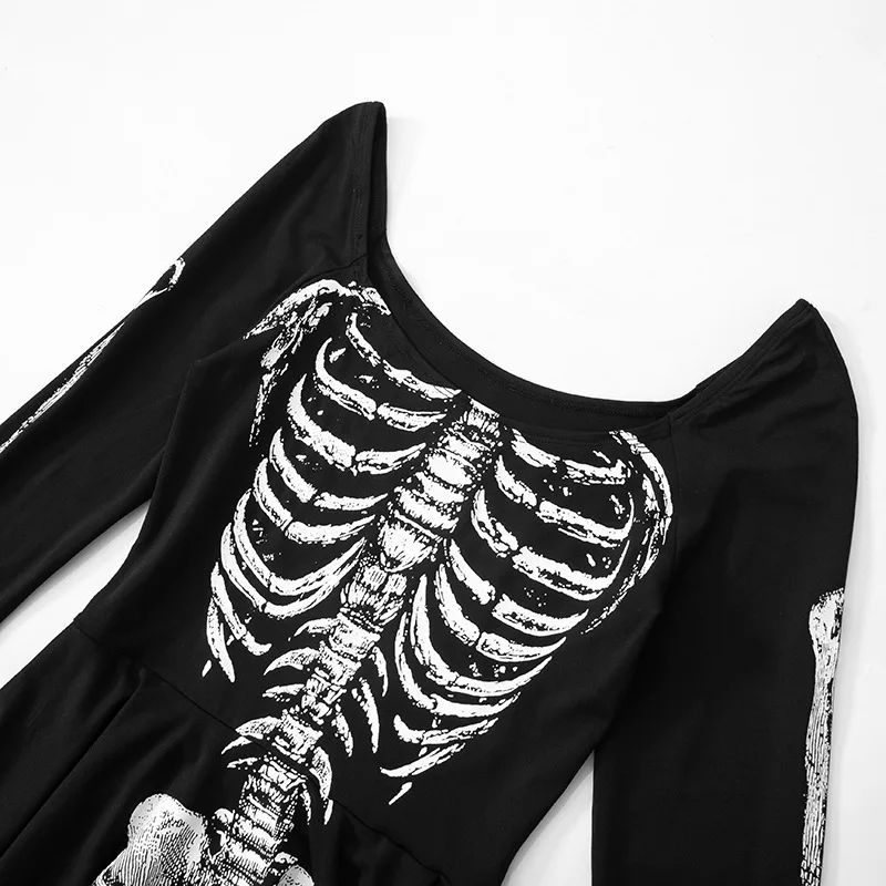 Flare Sleeve Black Skull Print Mini Dress