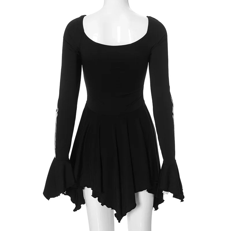 Flare Sleeve Black Skull Print Mini Dress