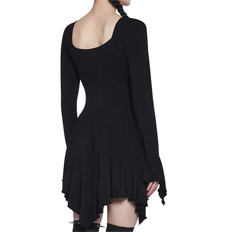 Flare Sleeve Black Skull Print Mini Dress