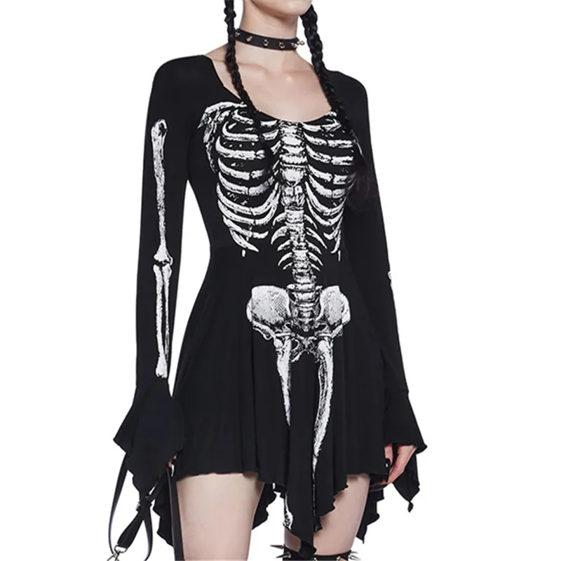 Flare Sleeve Black Skull Print Mini Dress