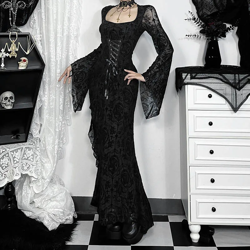 Sexy Lace-up Black Long Sleeved Dress For Women
