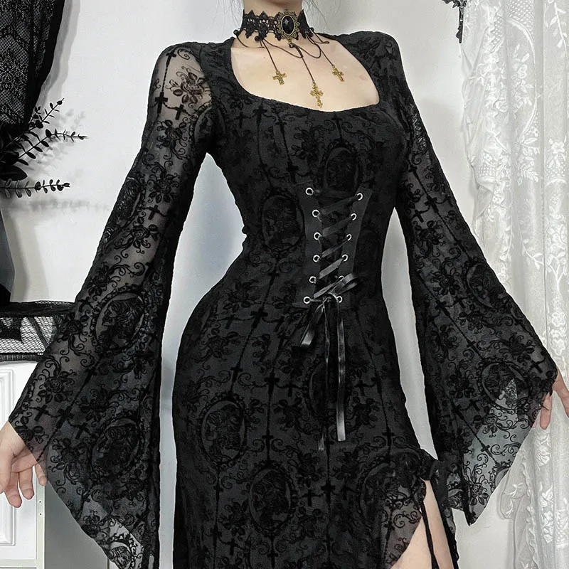 Sexy Lace-up Black Long Sleeved Dress For Women