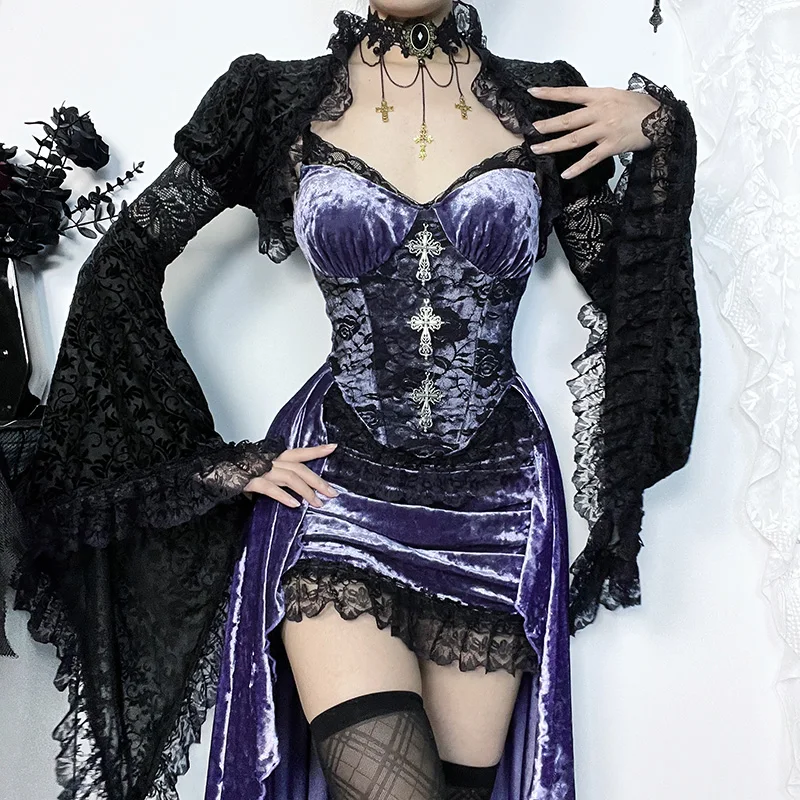 Gothic Style Velvet and Lace Purple Dress