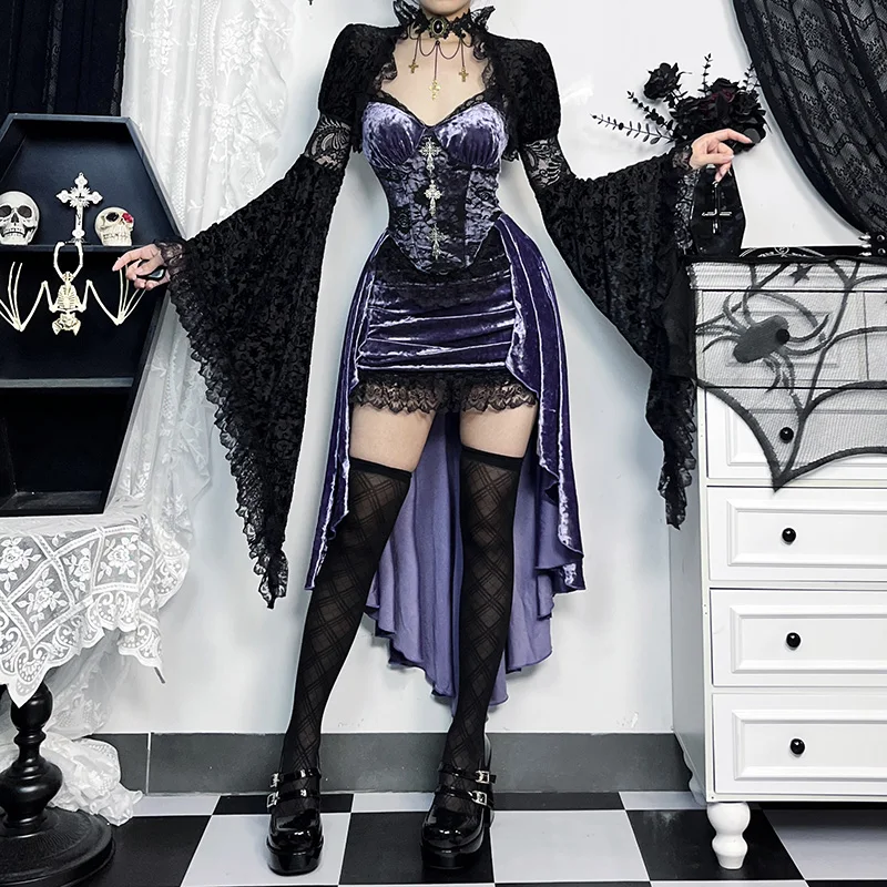 Gothic Style Velvet and Lace Purple Dress