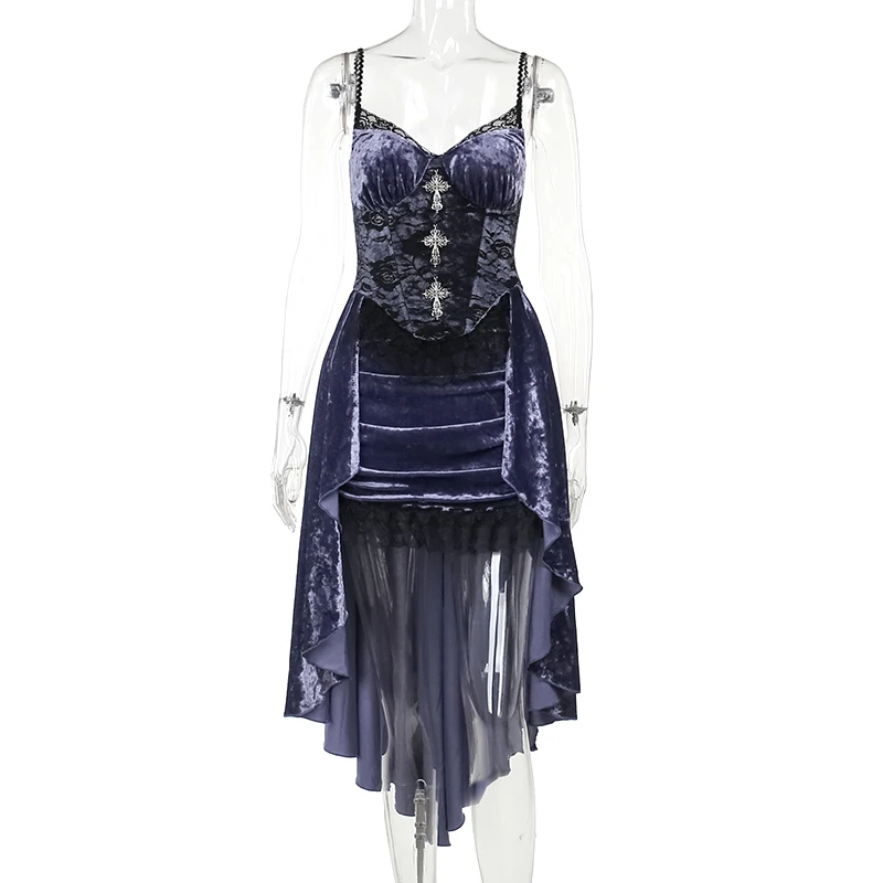 Gothic Style Velvet and Lace Purple Dress