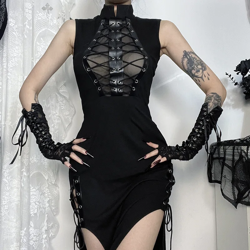 Gothic Sheer Patchwork Sleeveless Lace-up Maxi Dress
