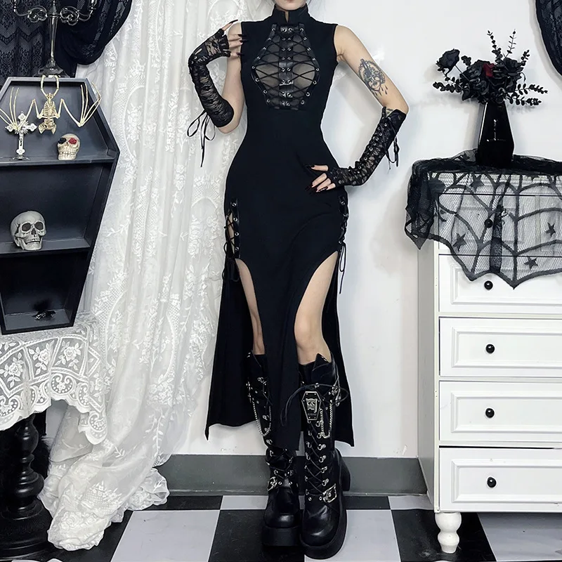 Gothic Sheer Patchwork Sleeveless Lace-up Maxi Dress