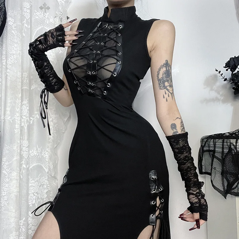 Gothic Sheer Patchwork Sleeveless Lace-up Maxi Dress