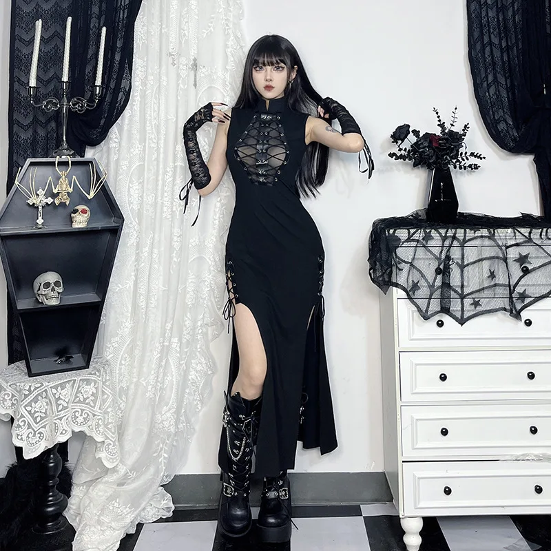 Gothic Sheer Patchwork Sleeveless Lace-up Maxi Dress