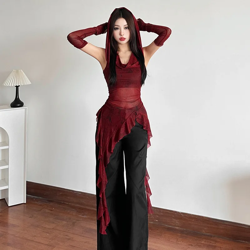 Cyber Y2K Irregular Hem  Mesh See Through Hooded Top