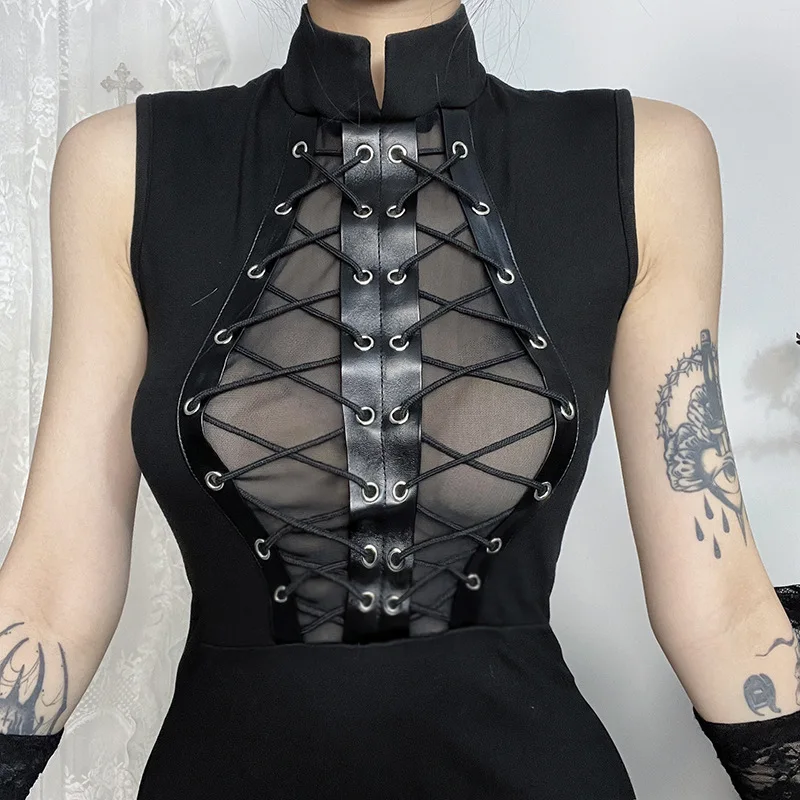 Gothic Sheer Patchwork Sleeveless Lace-up Maxi Dress