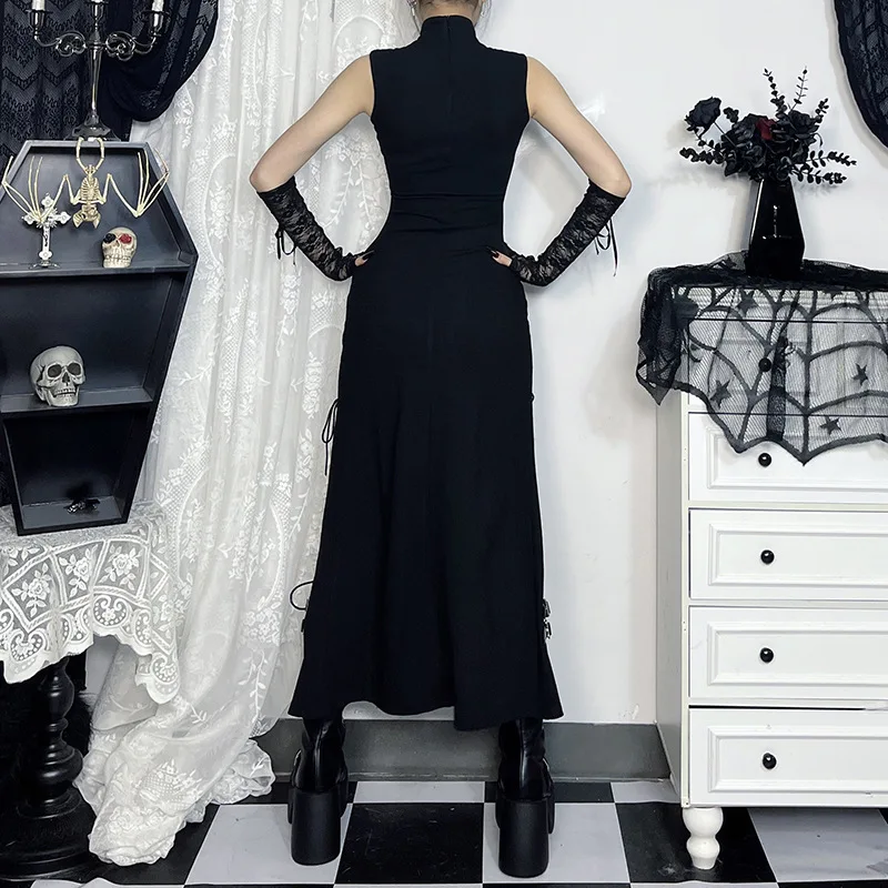 Gothic Sheer Patchwork Sleeveless Lace-up Maxi Dress