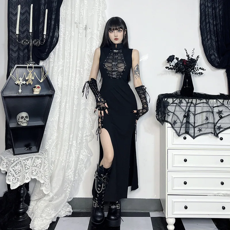 Gothic Sheer Patchwork Sleeveless Lace-up Maxi Dress