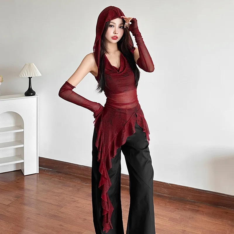 Cyber Y2K Irregular Hem  Mesh See Through Hooded Top