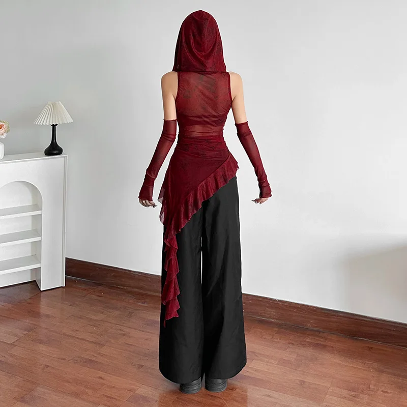 Cyber Y2K Irregular Hem  Mesh See Through Hooded Top