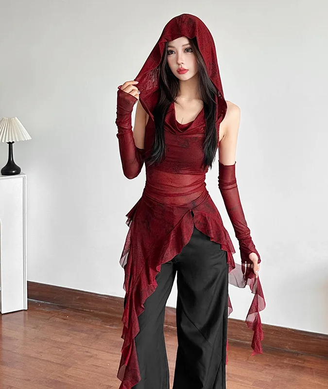 Cyber Y2K Irregular Hem  Mesh See Through Hooded Top