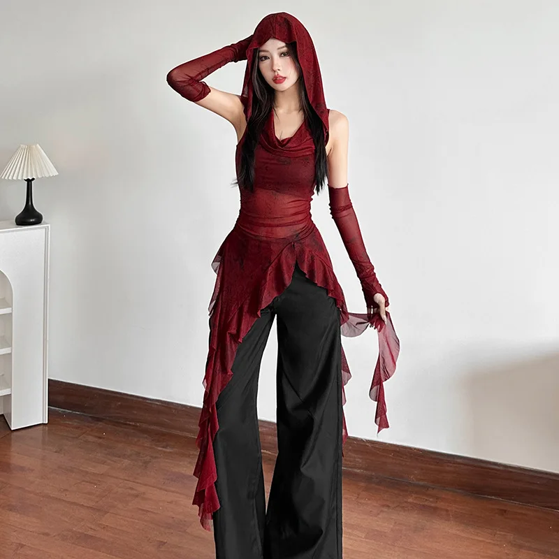 Cyber Y2K Irregular Hem  Mesh See Through Hooded Top