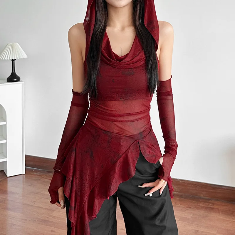 Cyber Y2K Irregular Hem  Mesh See Through Hooded Top