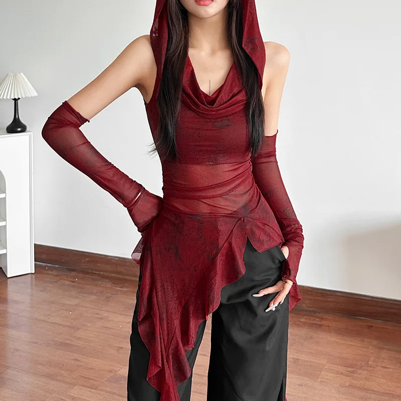 Cyber Y2K Irregular Hem  Mesh See Through Hooded Top