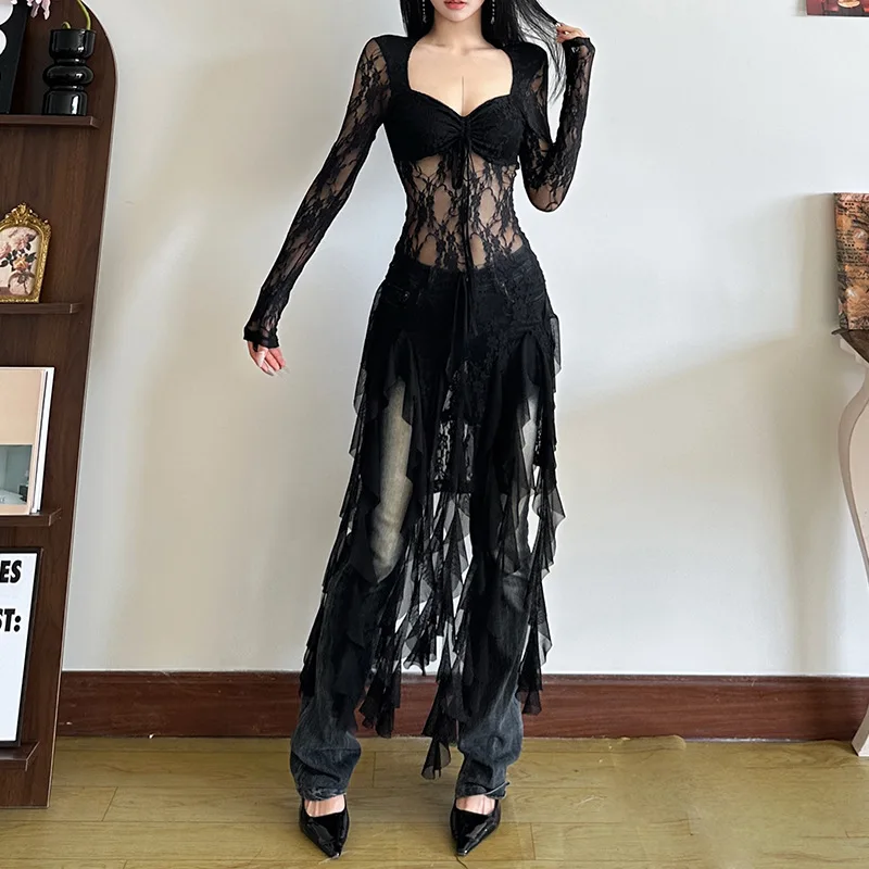 Beautiful Square Collar Long Sleeve Lace Top