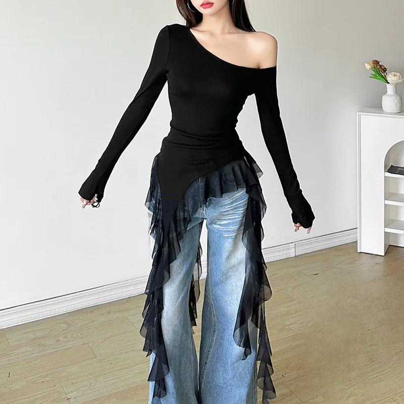 Y2k Aesthetic Irregular Hem Black Long Sleeve Top