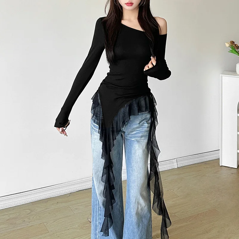 Y2k Aesthetic Irregular Hem Black Long Sleeve Top