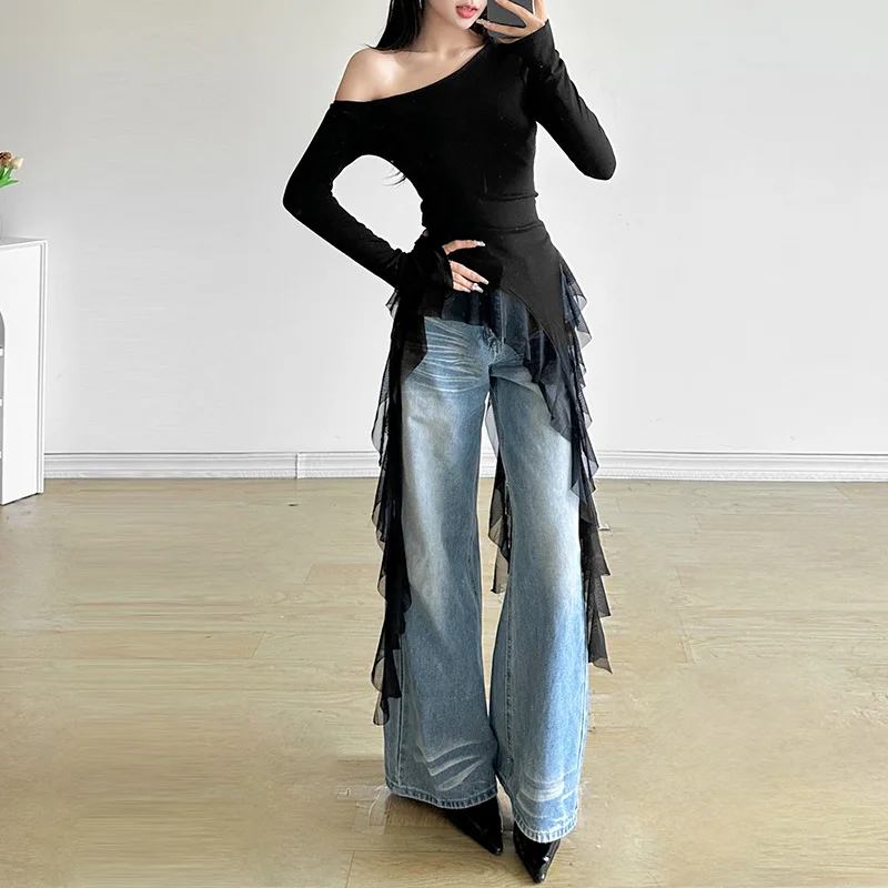 Y2k Aesthetic Irregular Hem Black Long Sleeve Top