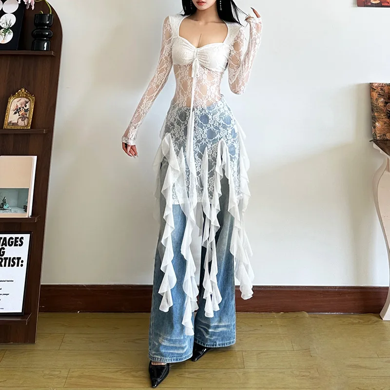 Beautiful Square Collar Long Sleeve Lace Top