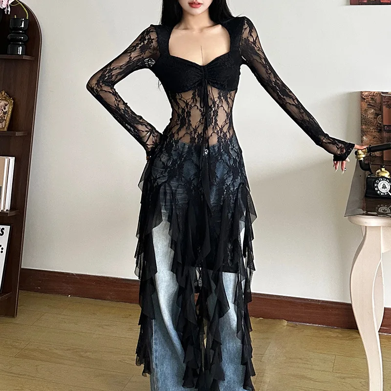 Beautiful Square Collar Long Sleeve Lace Top