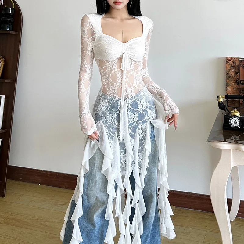 Beautiful Square Collar Long Sleeve Lace Top