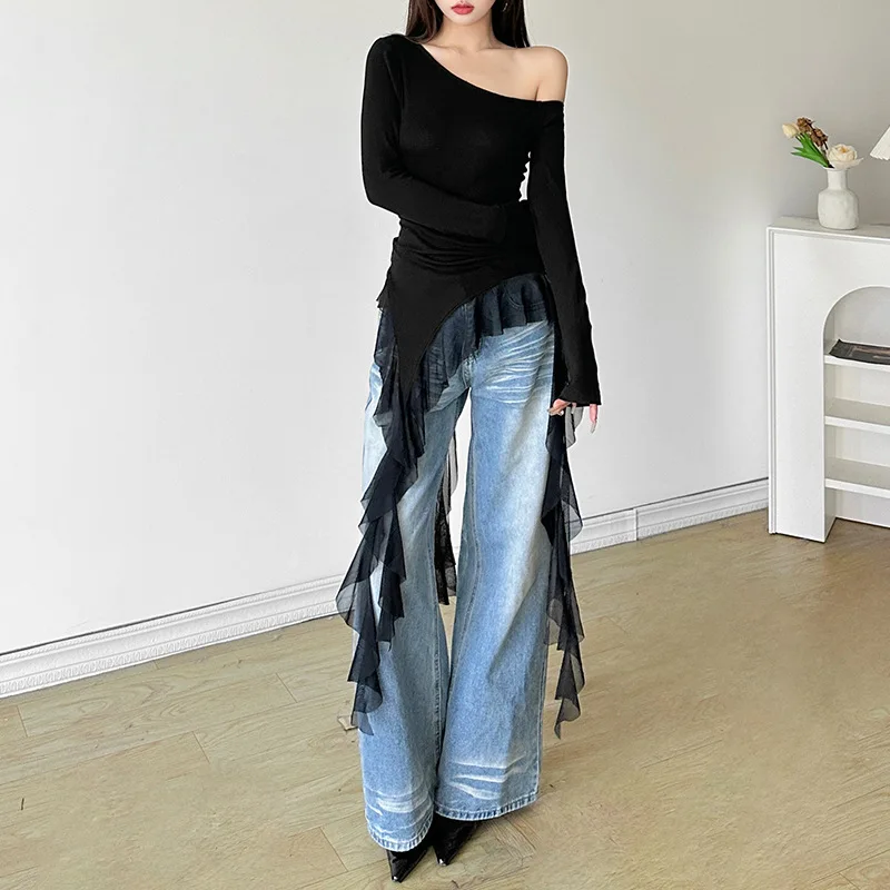 Y2k Aesthetic Irregular Hem Black Long Sleeve Top