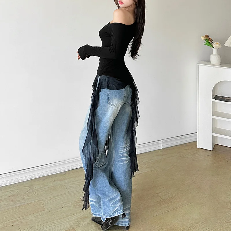 Y2k Aesthetic Irregular Hem Black Long Sleeve Top