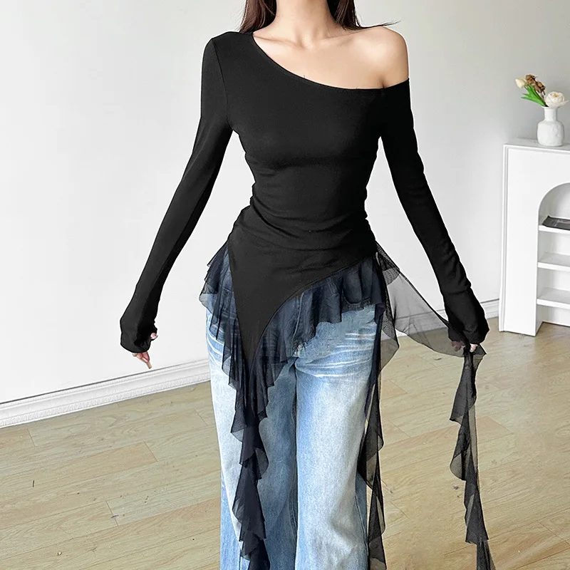 Y2k Aesthetic Irregular Hem Black Long Sleeve Top